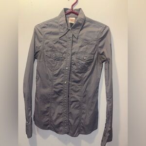 True Religion Light Gray Button-Up Shirt with Pearl Snap